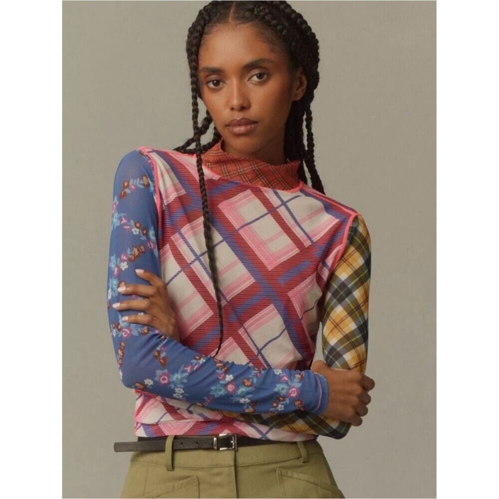 NWT CeliaB Lennox Top Sheer Mixed Print Mock Neck Long Sleeve Top Size XS